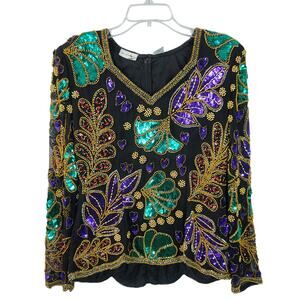 Saks Fifth Avenue Black Purple  Gold Red Silk Beaded Sequined Blink Top Shirt M